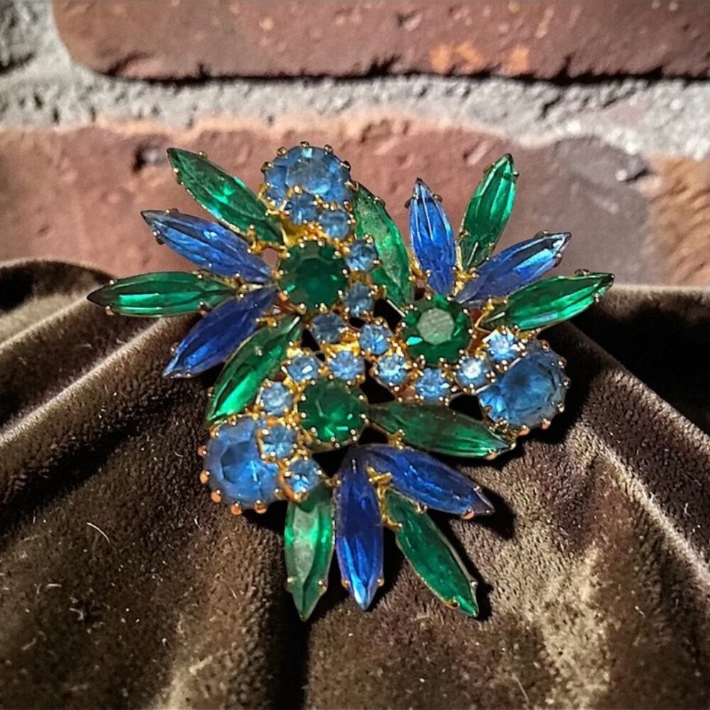 Vintage Blue Green Rhinestone Brooch Mid Century Statement Pin